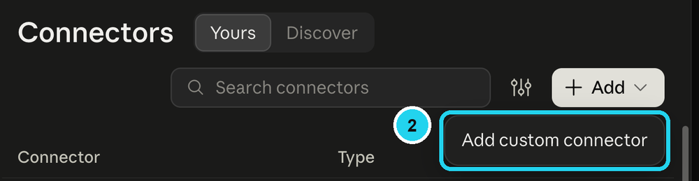 Botón «+ Add» abierto con la opción «Add custom connector»