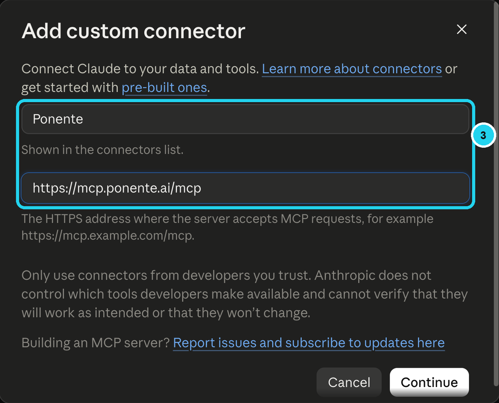 Formulario «Add custom connector» con el nombre Ponente y la dirección del conector