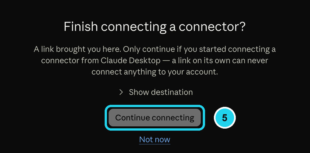 Pantalla de Claude «Finish connecting a connector?» con el botón «Continue connecting»
