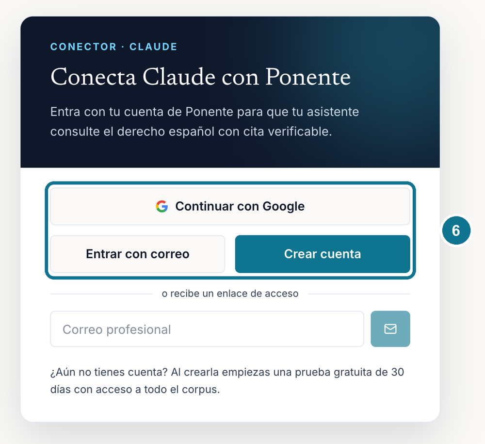 Página de Ponente «Conecta Claude con Ponente» con las opciones para entrar