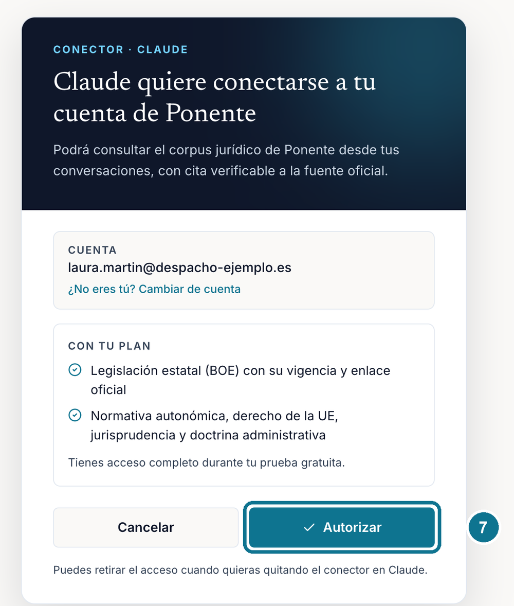 Página de Ponente «Claude quiere conectarse a tu cuenta» con el botón «Autorizar»