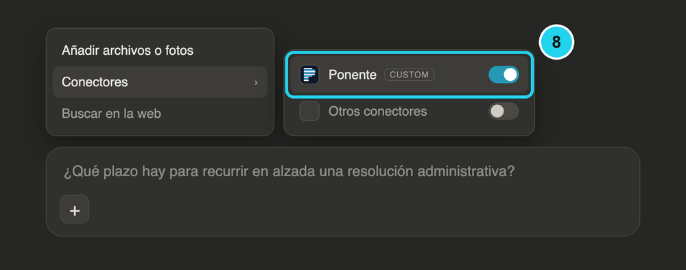 Ilustración del menú «+» → Conectores del chat con Ponente activado